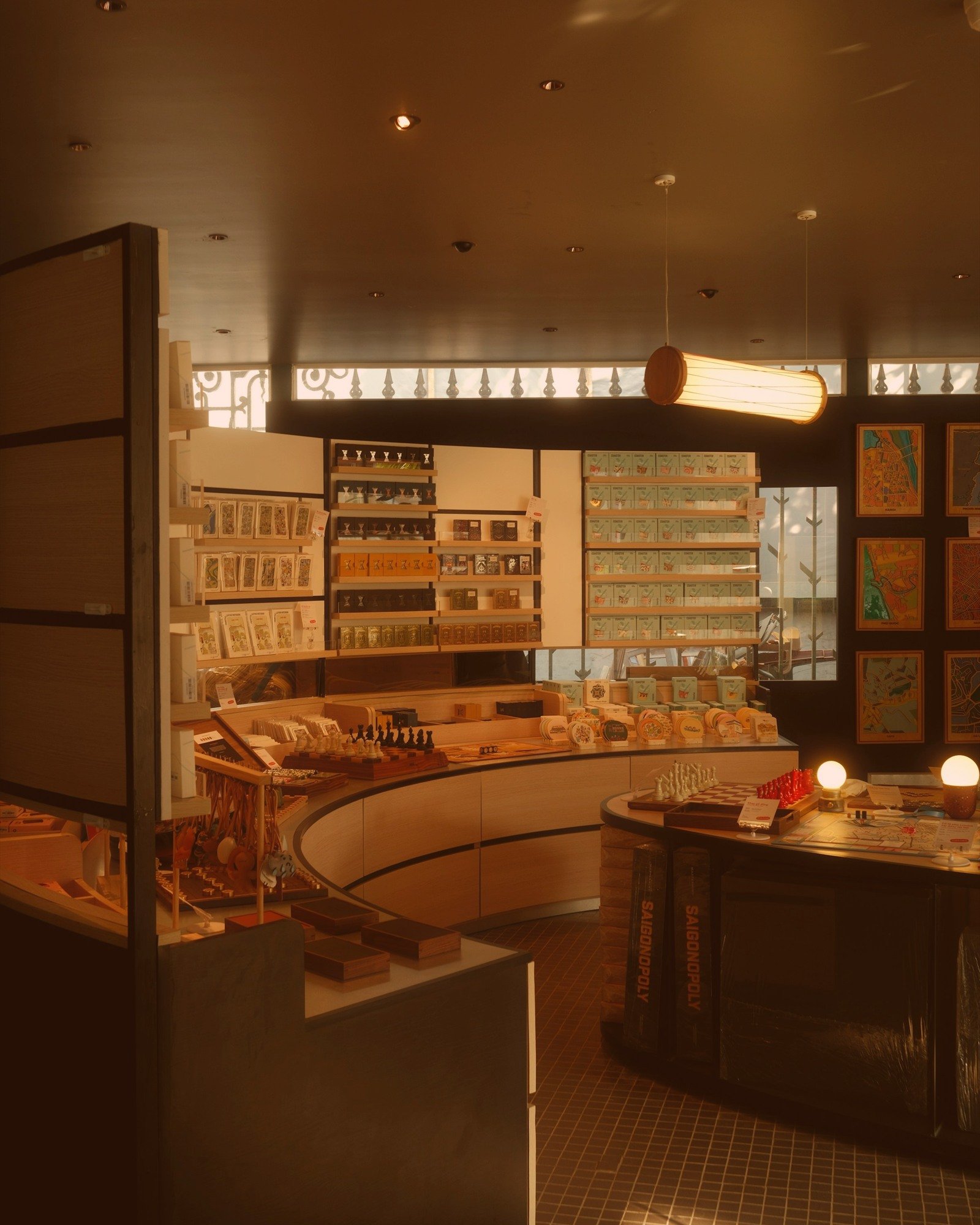 Museum store interior with curved display shelving