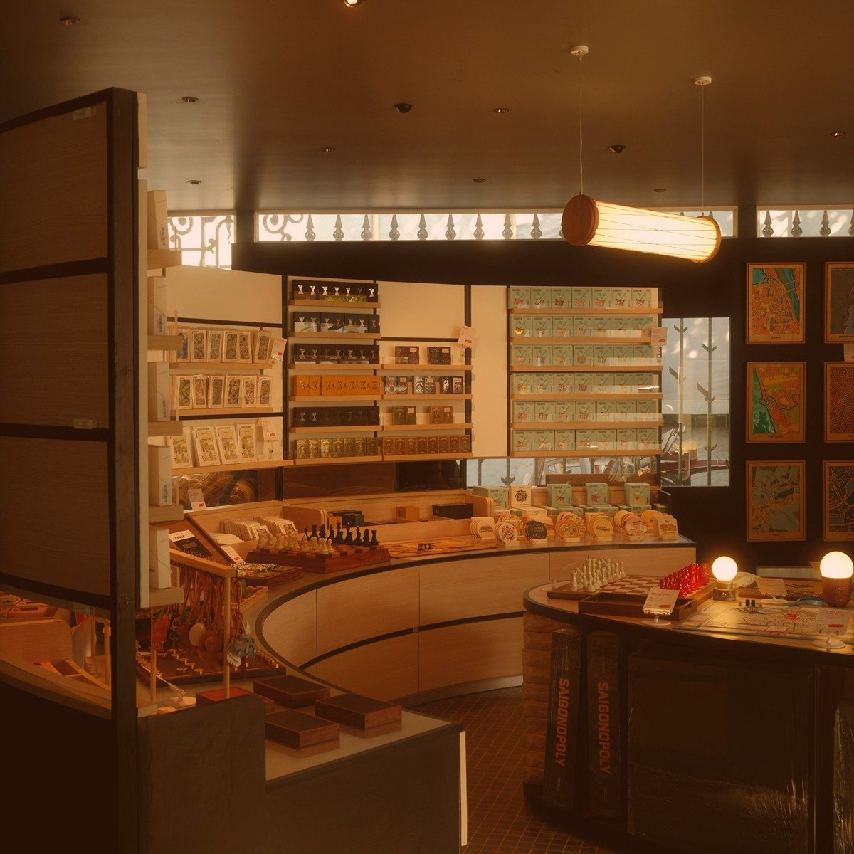 Museum store interior with merchandise on display shelves